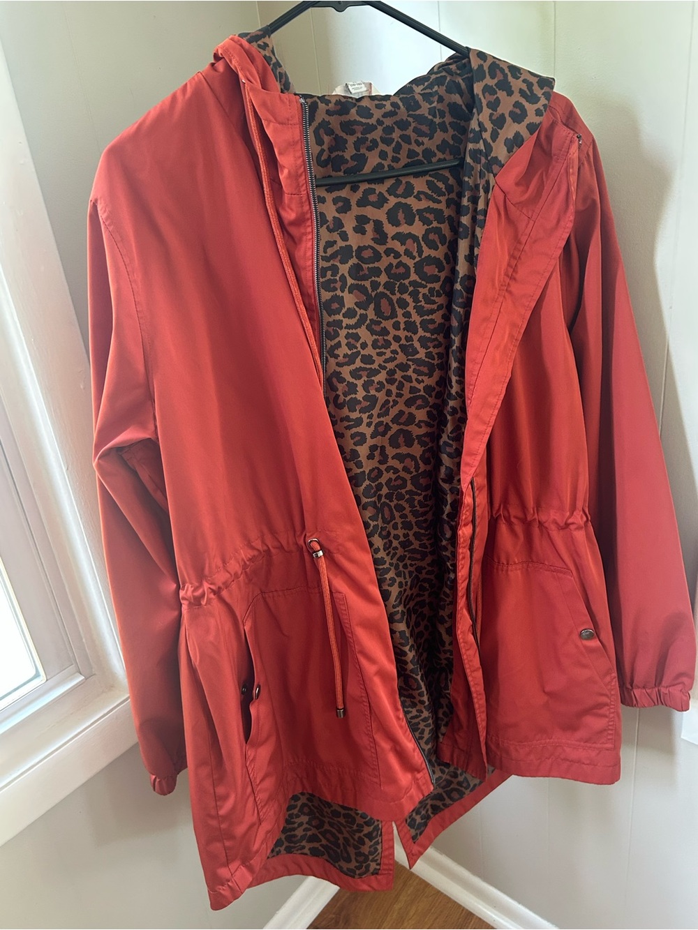 Womens burnt orange Hooded Anorak Jacket with Leopard Lining